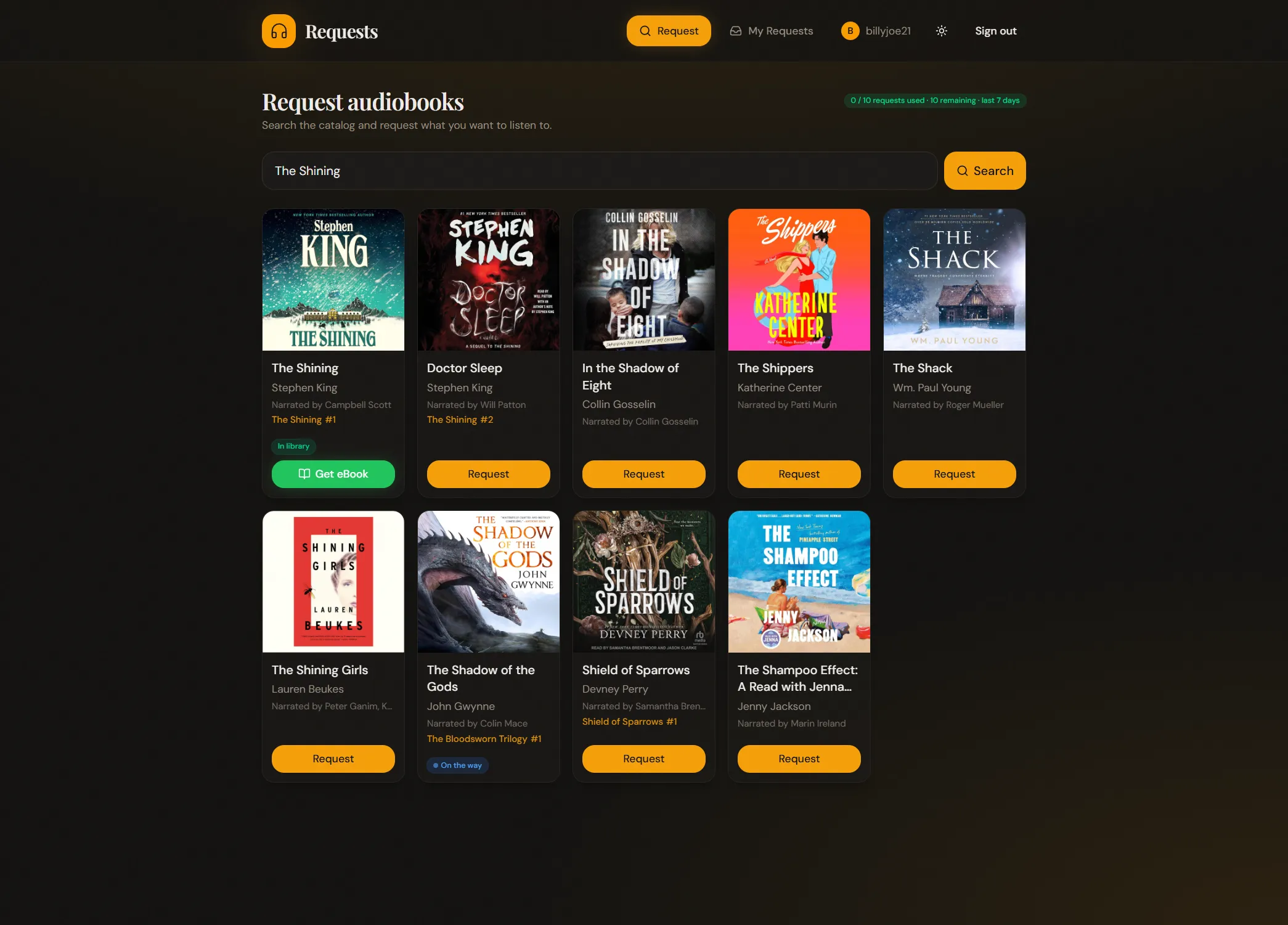The narratorr-requests catalog — search the audiobook catalog and hit Request