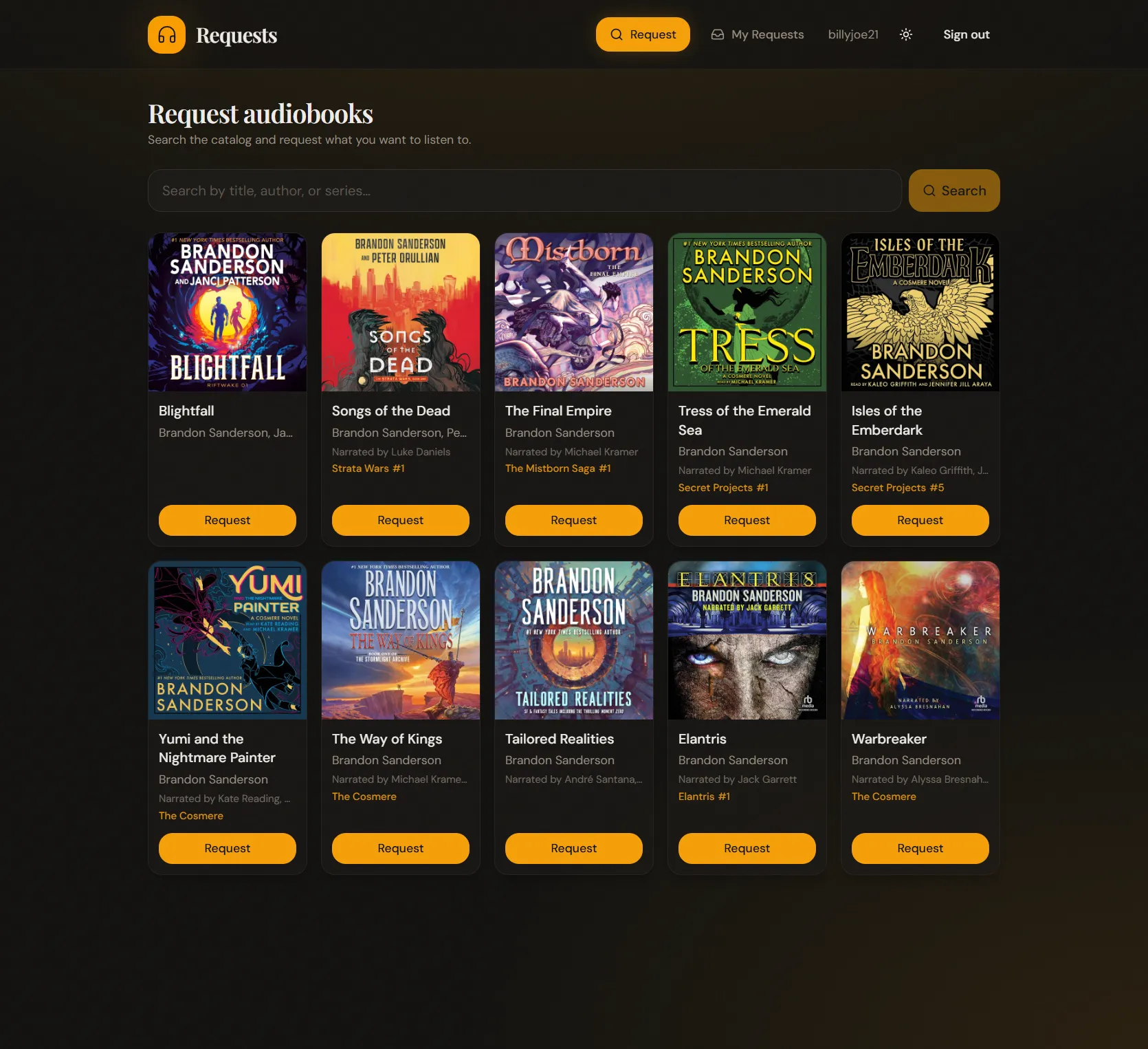 The narratorr-requests catalog — search the audiobook library and hit Request